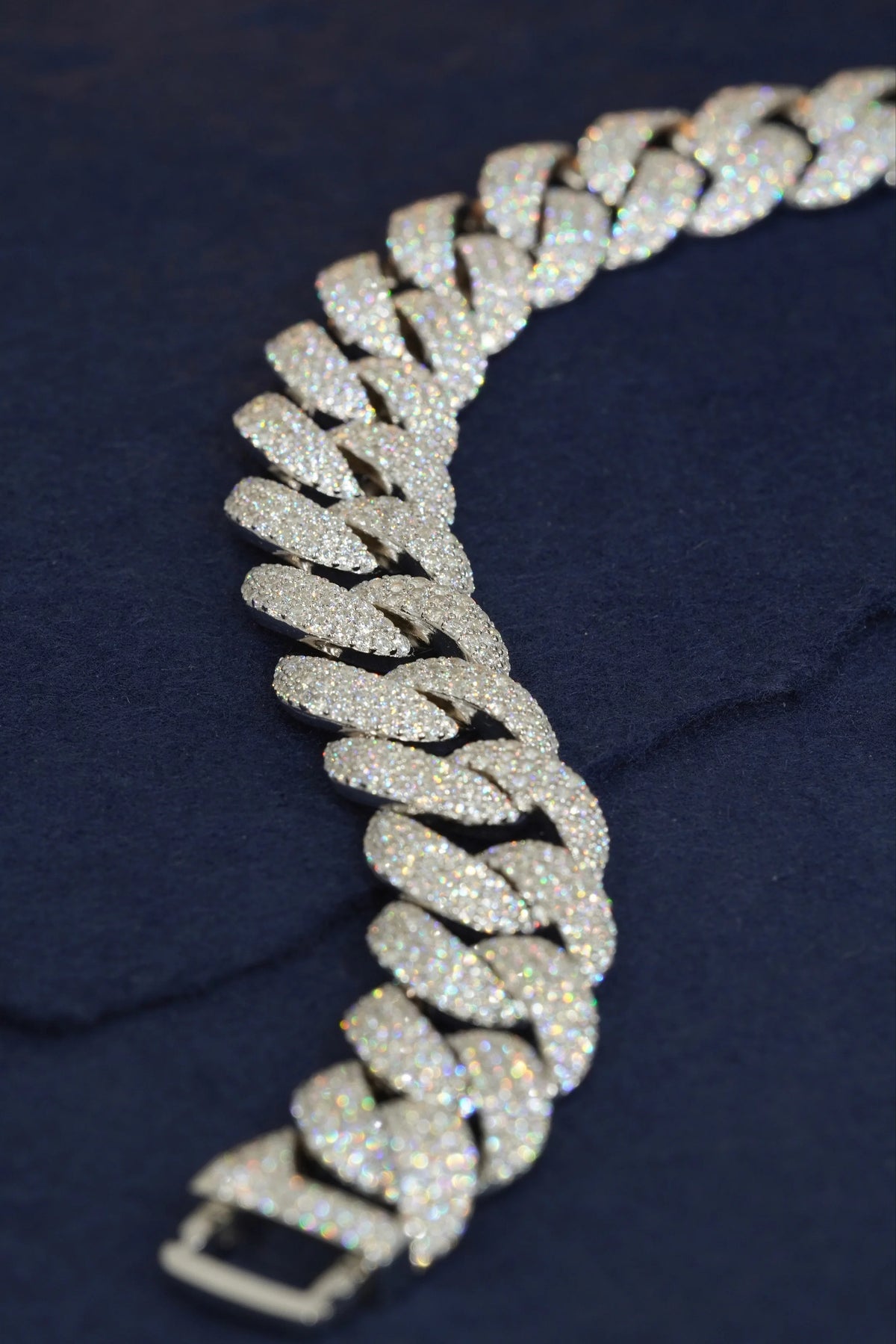 Silver pavé Cuban link bracelet, angled detail