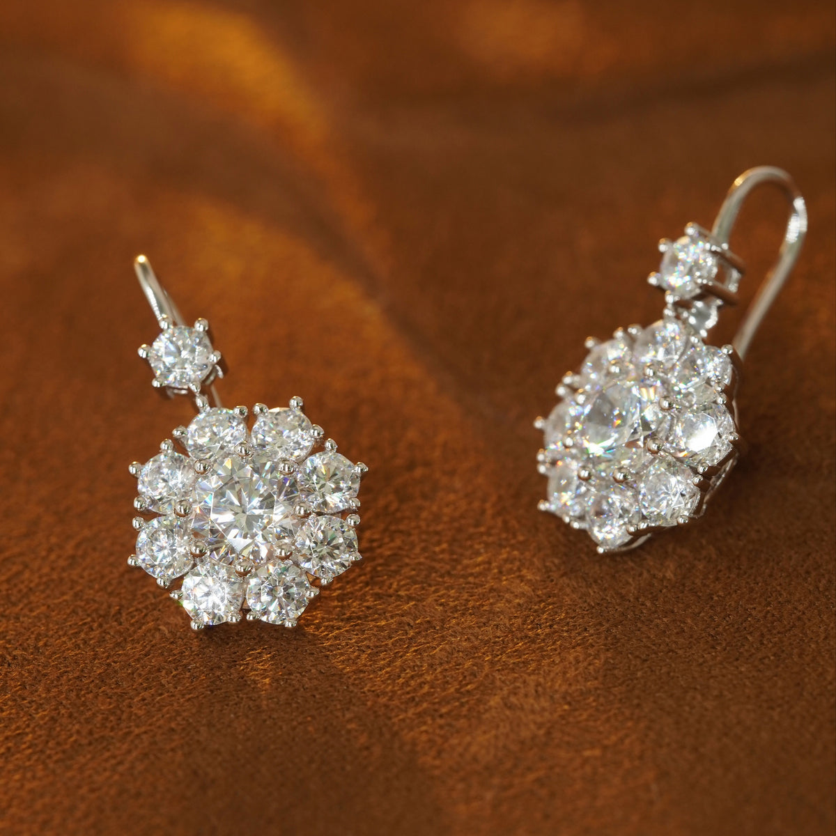 Brilliant 5A CZ Floral Drop Earrings in 925 Sterling Silver - Leverback Closure Detail