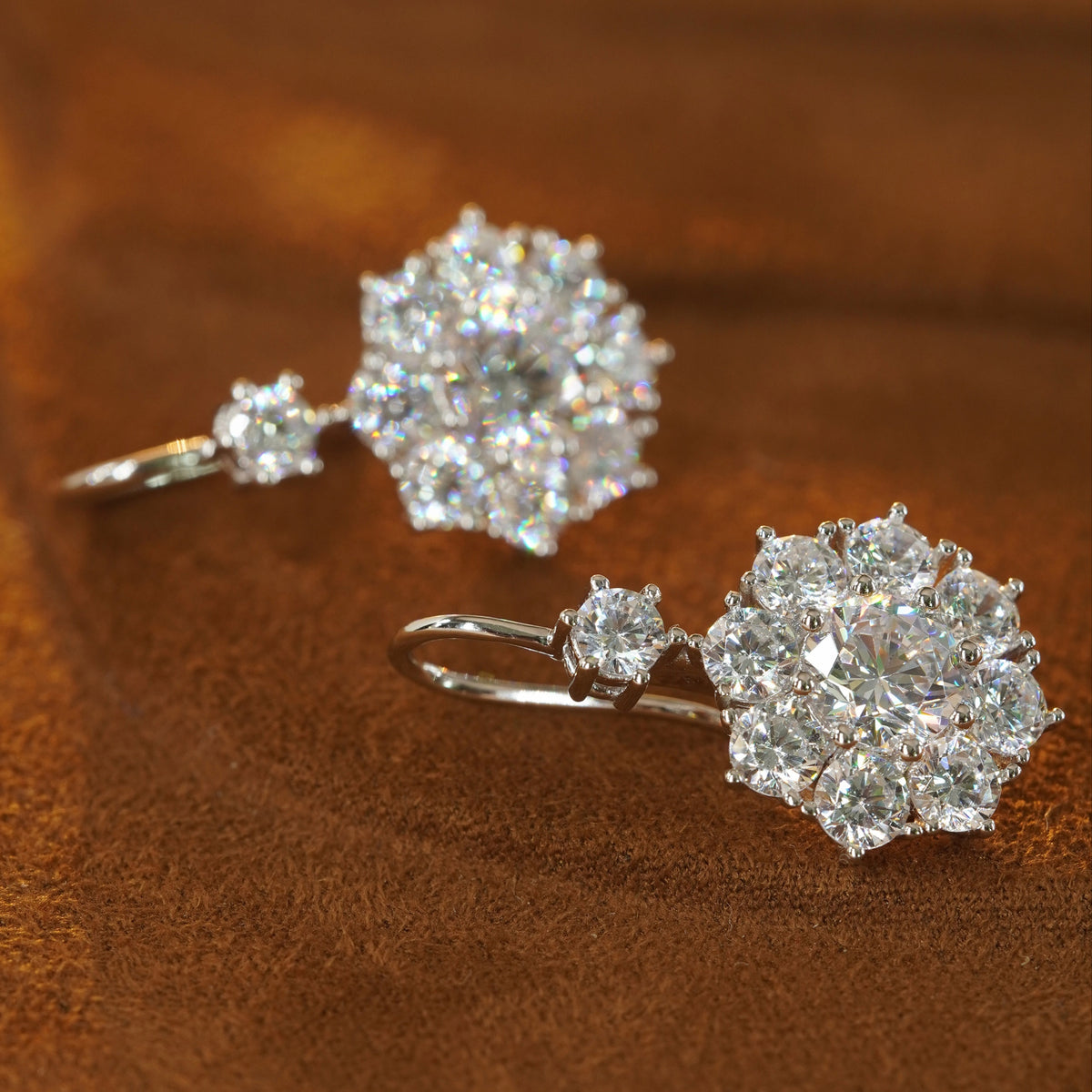 Brilliant 5A CZ Floral Drop Earrings in 18K White Gold Plated Silver