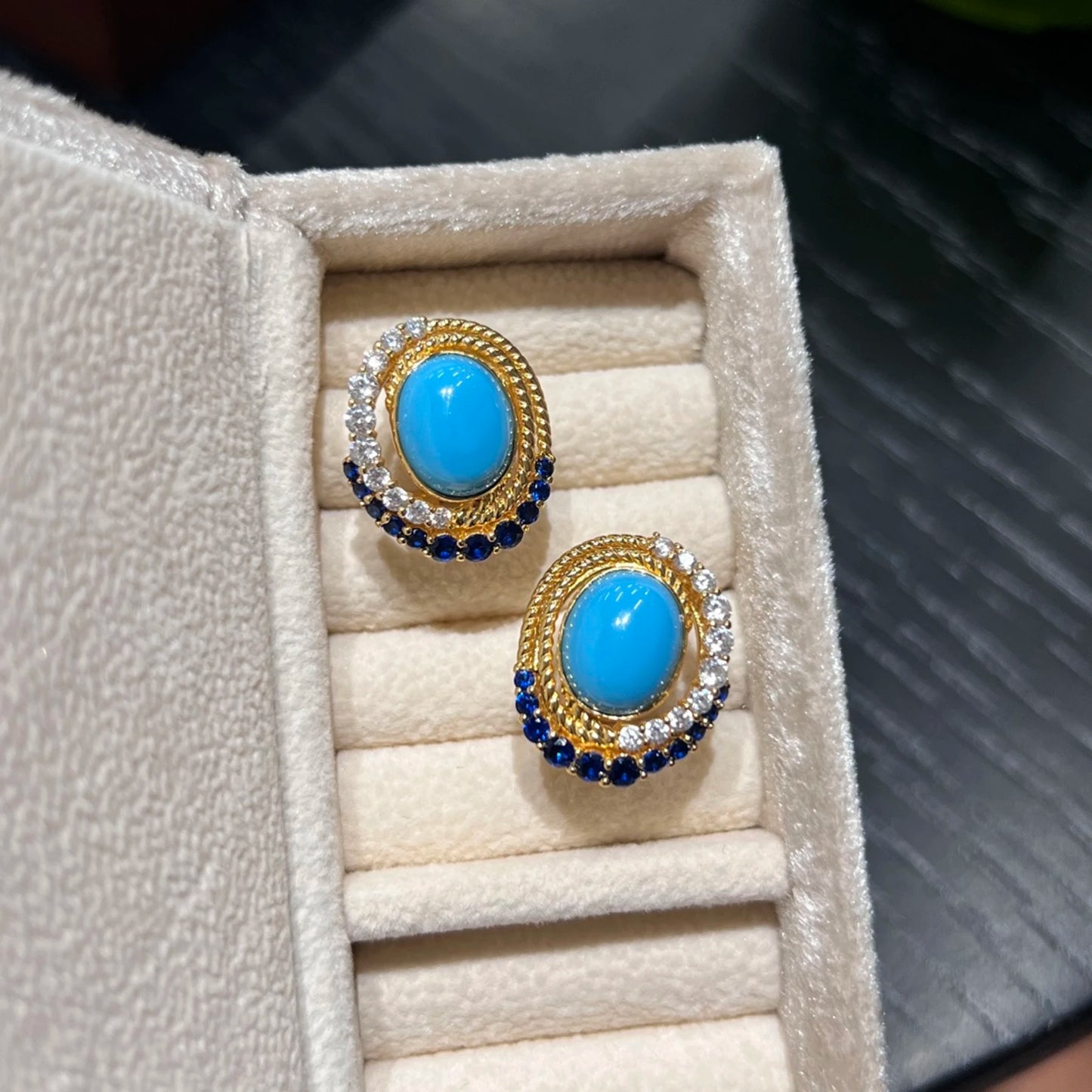 azure royale created turquoise halo stud earrings with blue and clear cubic zirconia