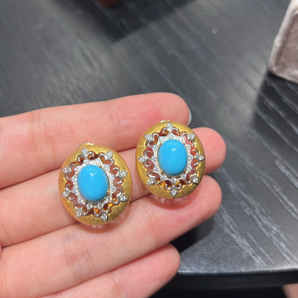 925 Sterling Silver Turquoise Stud Earrings 18K Gold Plated CZ Diamond Brushed Filigree Disc Earrings