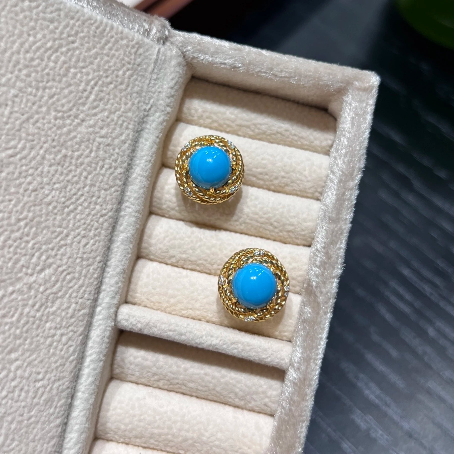 925 Sterling Silver Turquoise Stud Earrings 18K Gold Plated Vintage Twisted Rope Halo Gemstone Earrings for Women Jewelry