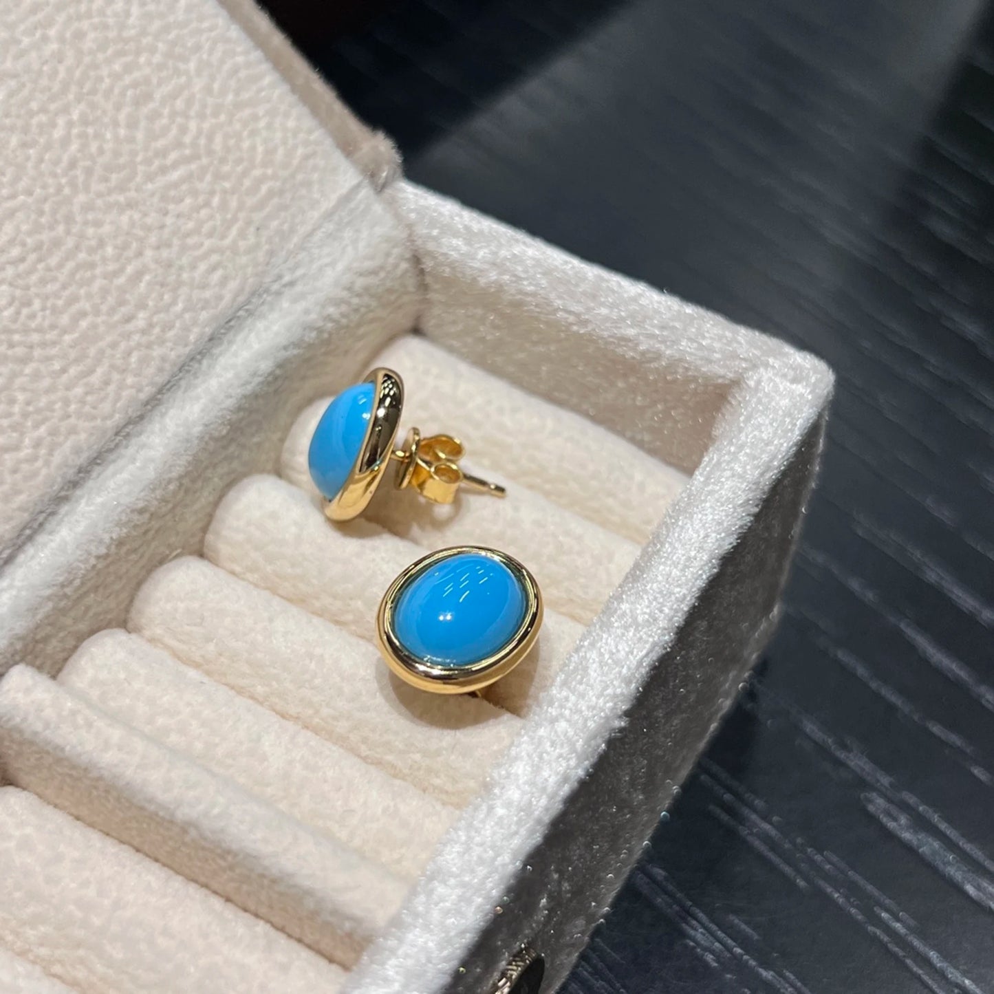 18k gold plated sterling silver turquoise stud earrings side view with push back closure