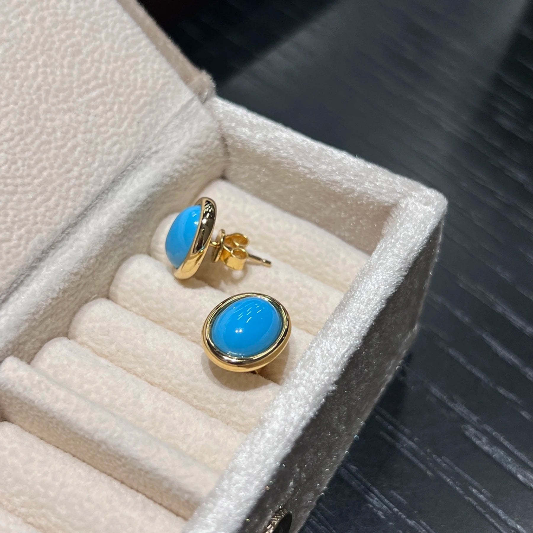 18k gold plated sterling silver turquoise stud earrings side view with push back closure