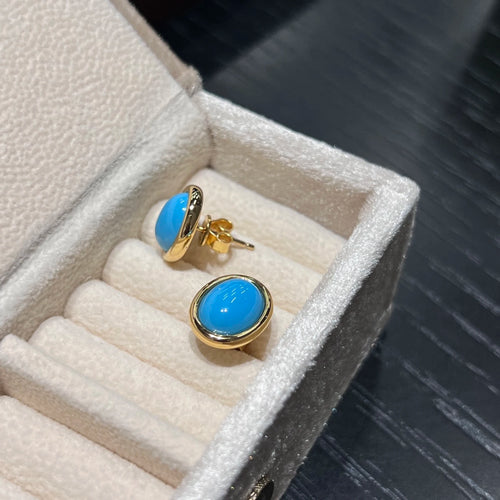 925 Sterling Silver Turquoise Stud Earrings 18K Gold Plated Vintage Oval Cabochon Gemstone Earrings for Women Jewelry