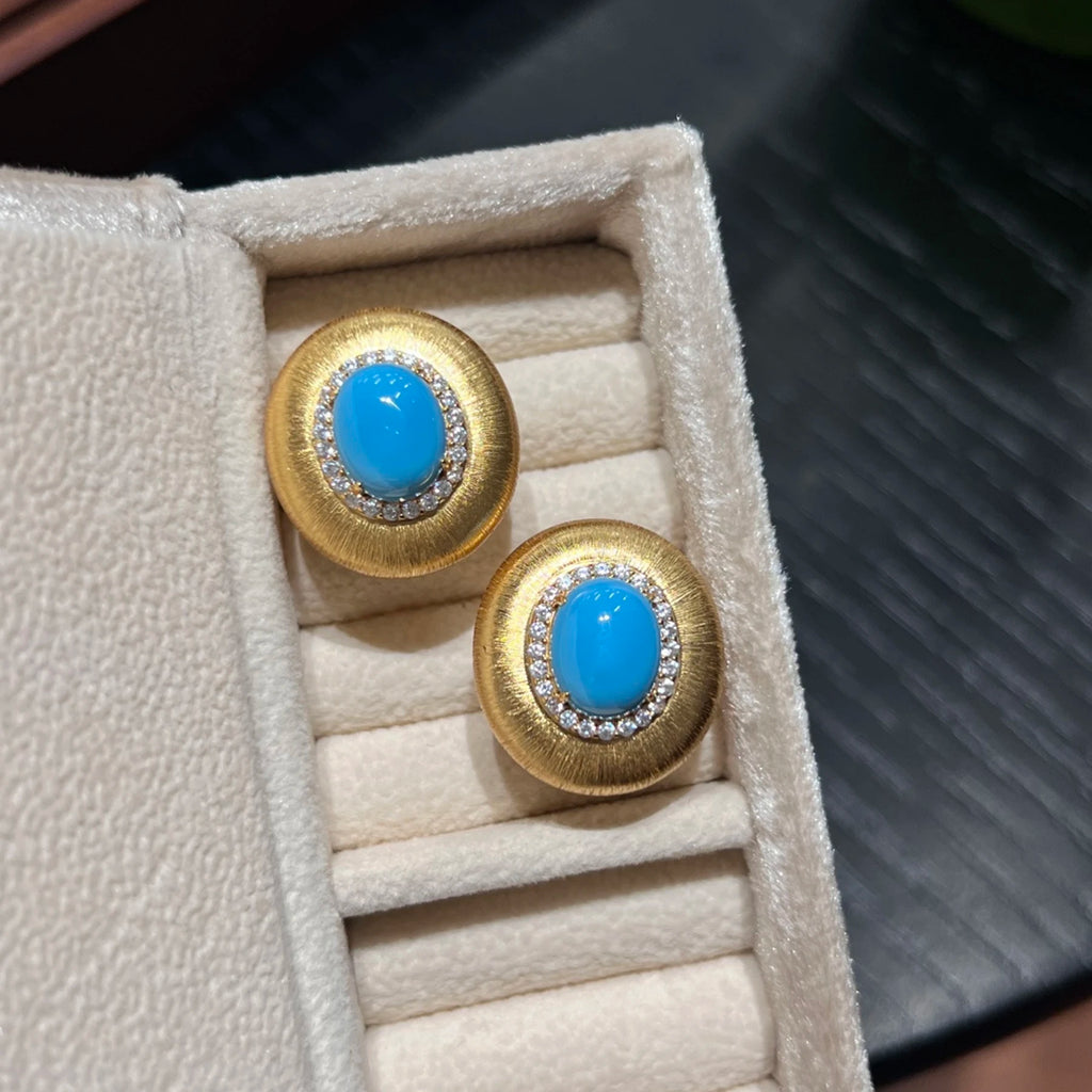 925 Sterling Silver Turquoise Stud Earrings 18K Gold Plated CZ Diamond Brushed Satin Disc Earrings