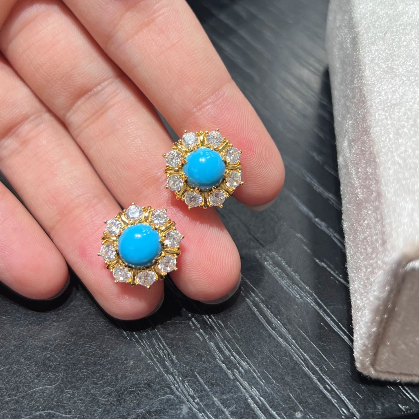 close up blue created turquoise crystal halo earrings elegant jewelry
