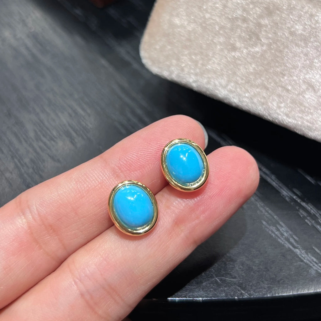925 Sterling Silver Turquoise Stud Earrings 18K Gold Plated Vintage Oval Cabochon Gemstone Earrings for Women Jewelry