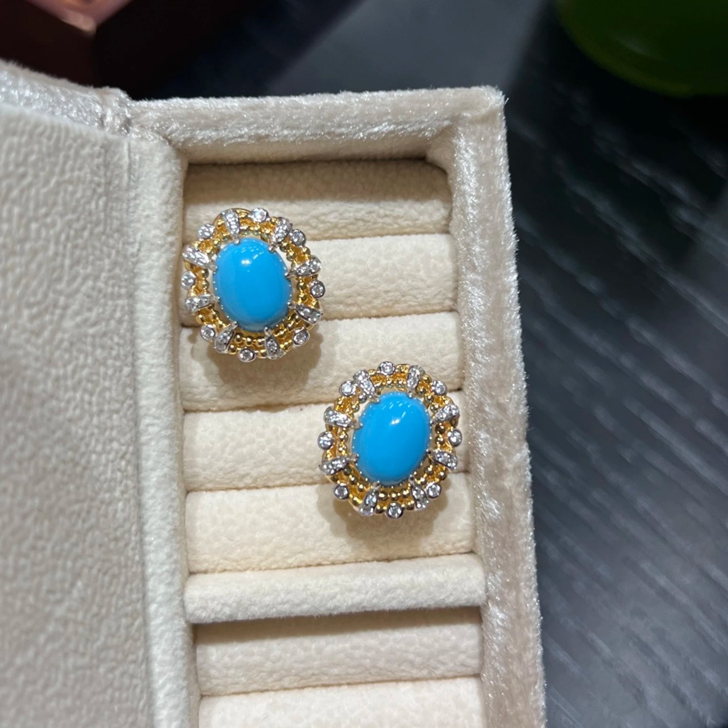 azure celeste created turquoise halo stud earrings with gold setting