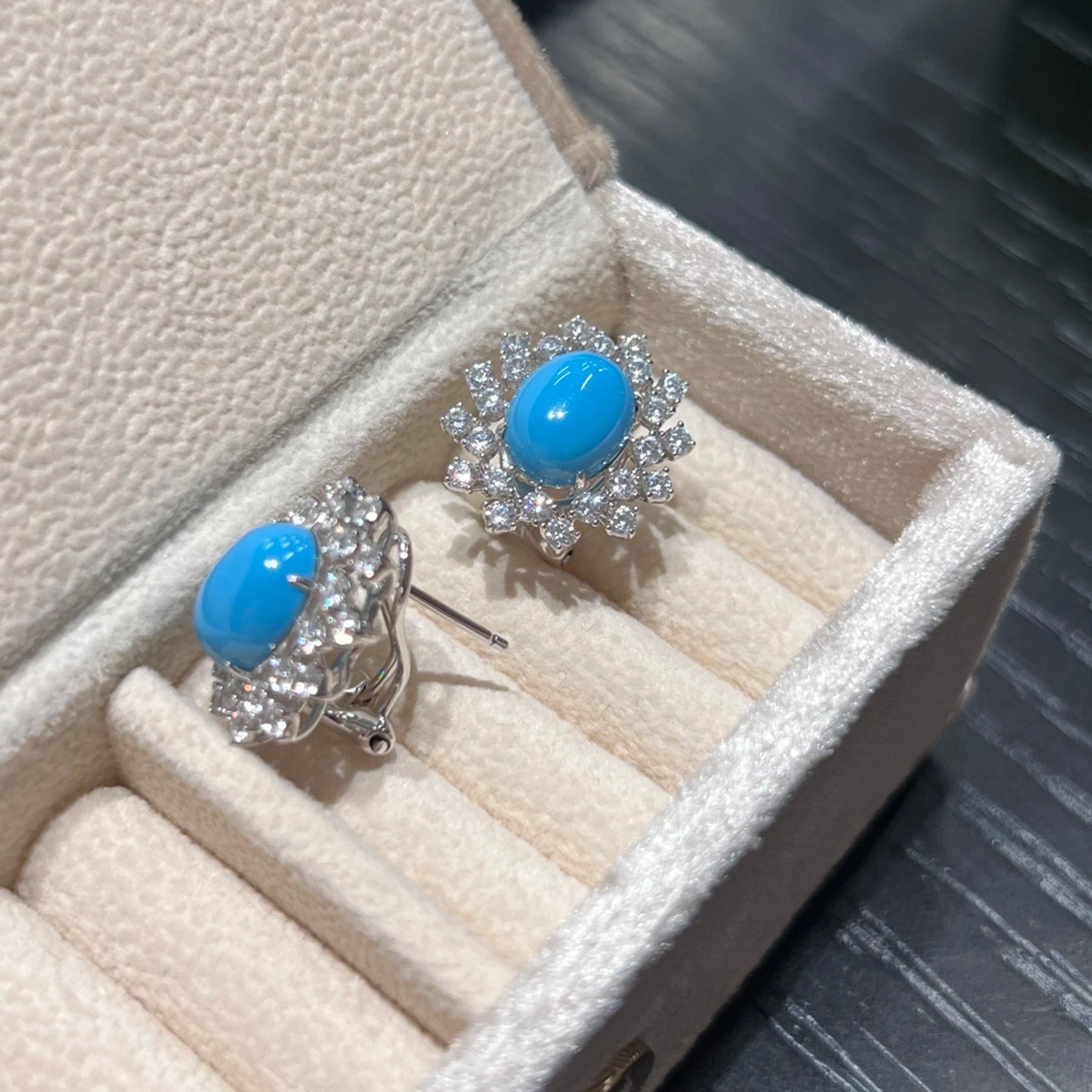 925 Sterling Silver Turquoise Stud Earrings CZ Diamond Flower Halo Statement Earrings